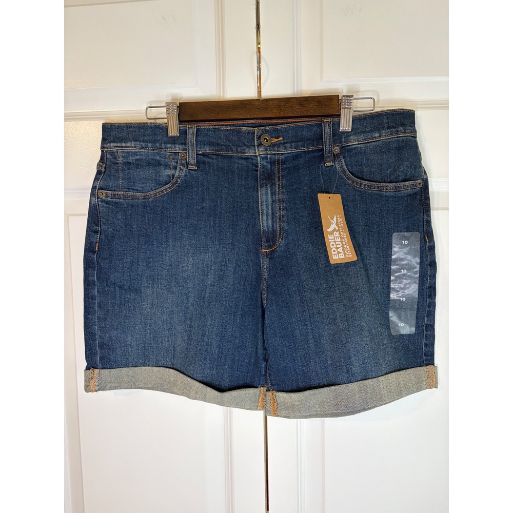 Eddie Bauer Women's Boyfriend Midrise Denim Shorts Dark Wash Cuffed Size 10 NEW